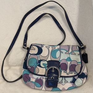 A Coach Kyra Scarf Print Flap Crossbody F46788 Navy Purple Teal Gray.